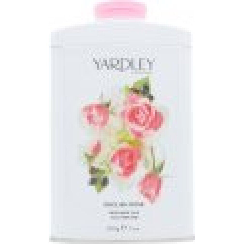 Weißer Behälter mit rosa Deckel. Aufdruck: Rosenblüten, Schriftzug "Yardley London", "English Rose", "Perfumed Talc".
