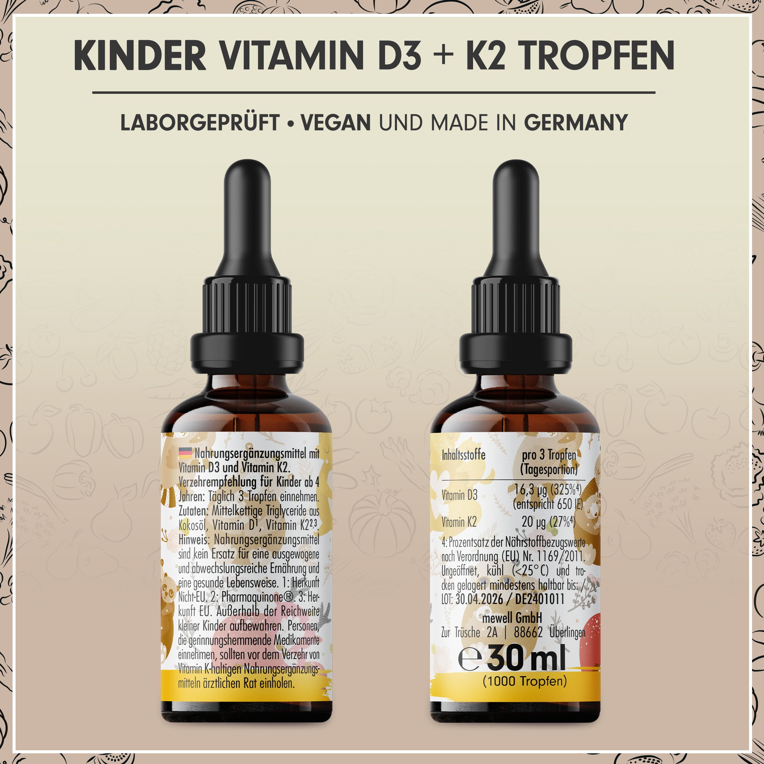 Braune Tropfenflasche mit Etikett. Text: Kinder Vitamin D3 + K2 Tropfen, 30 ml, 1000 Tropfen. Rückseite mit Informationen.