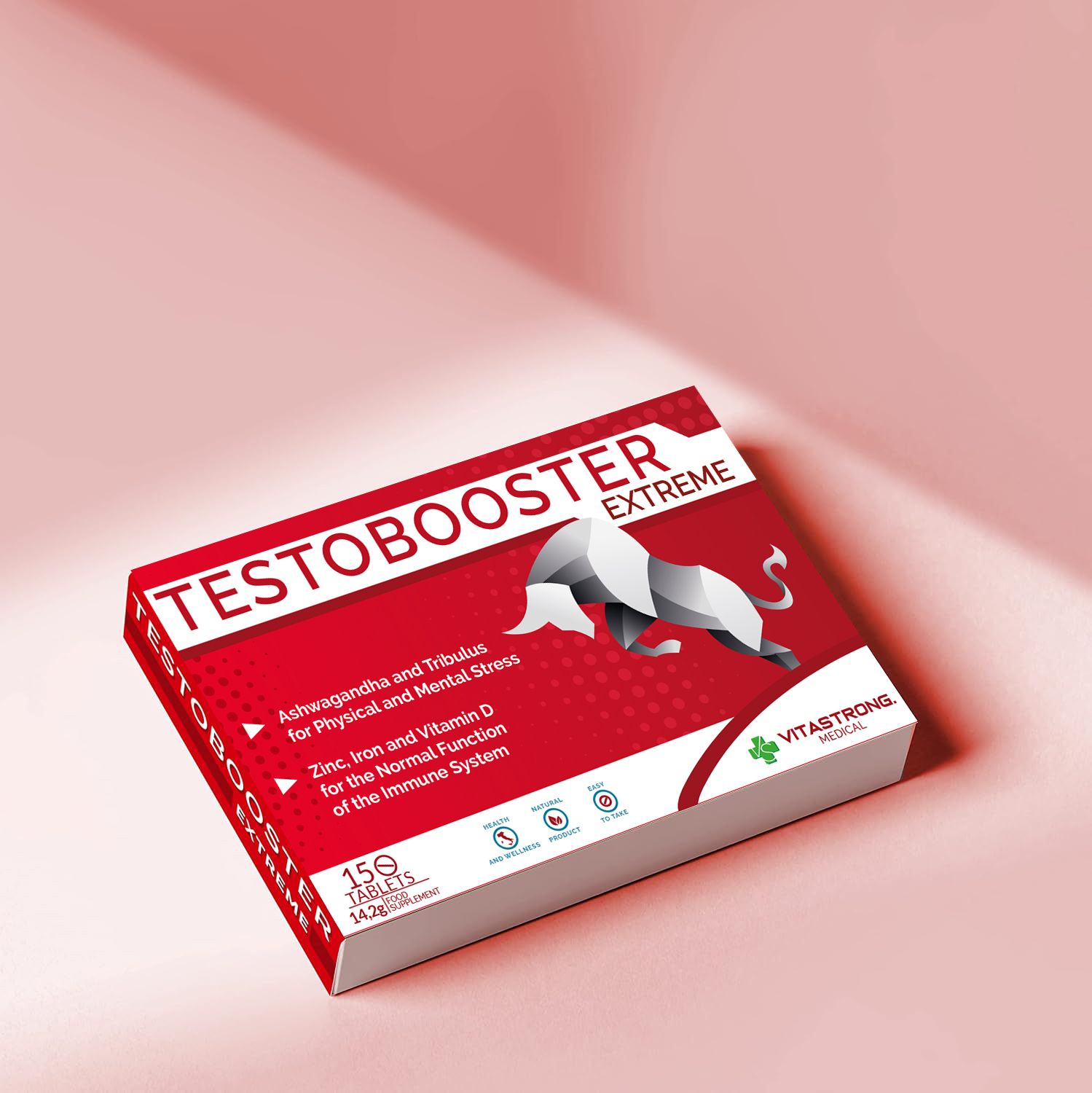 Rote Schachtel Testobooster Extreme. 15 Tabletten. VS Medical Logo. Auf rosa Hintergrund.