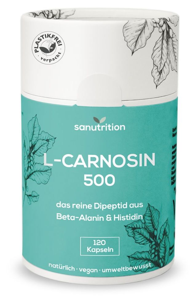 Zylindrische Dose Sanutrition L-Carnosin 500. Türkisgrüner Aufdruck mit Produktnamen und Inhaltsangaben. 120 Kapseln. Plastikfrei verpackt.