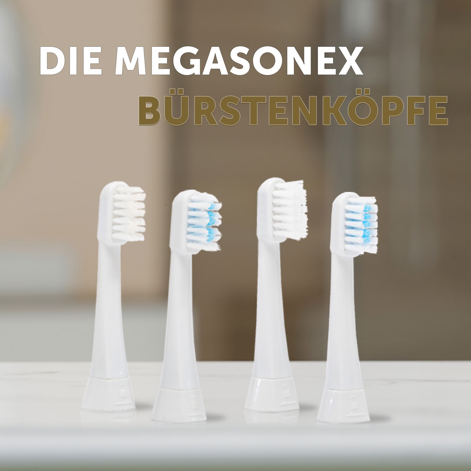 Vier weiße Bürstenköpfe mit blauen Borsten. 'DIE MEGASONEX BÜRSTENKÖPFE' Text.