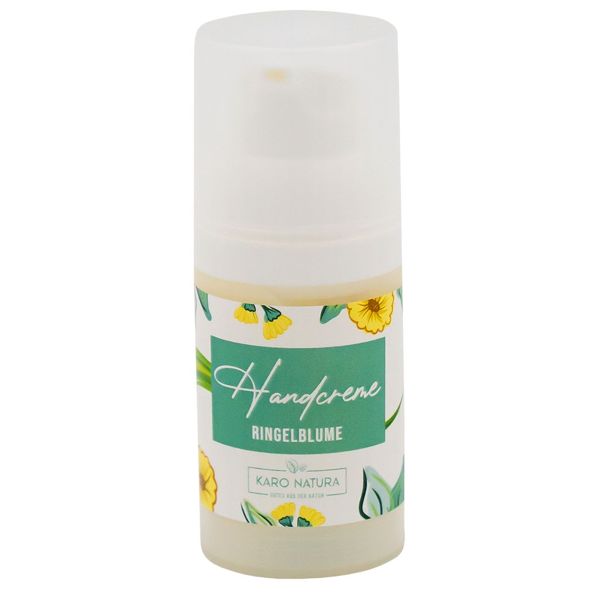 Handcreme-Spender mit floralem Etikett. Aufschrift: Handcreme Ringelblume, Karo Natura. Weißer Spender mit Pumpkopf.