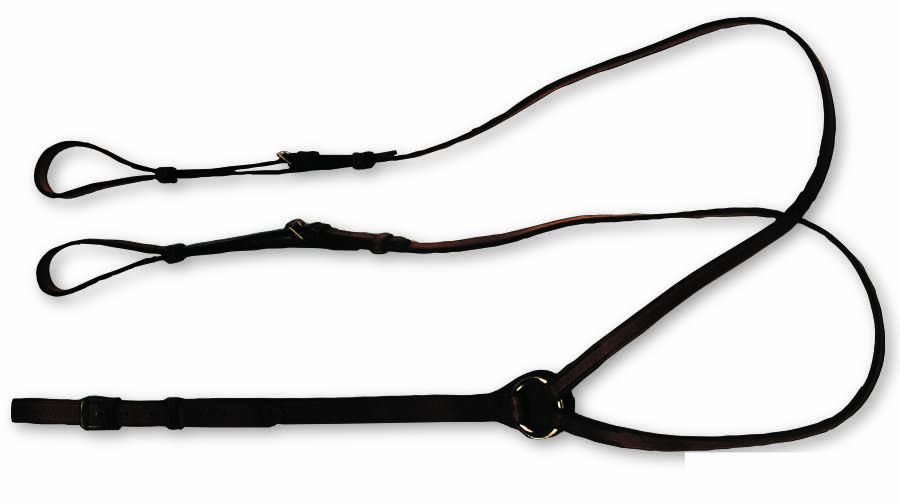 Schwarzer Lederriemen mit Metallringen und Schnallen.