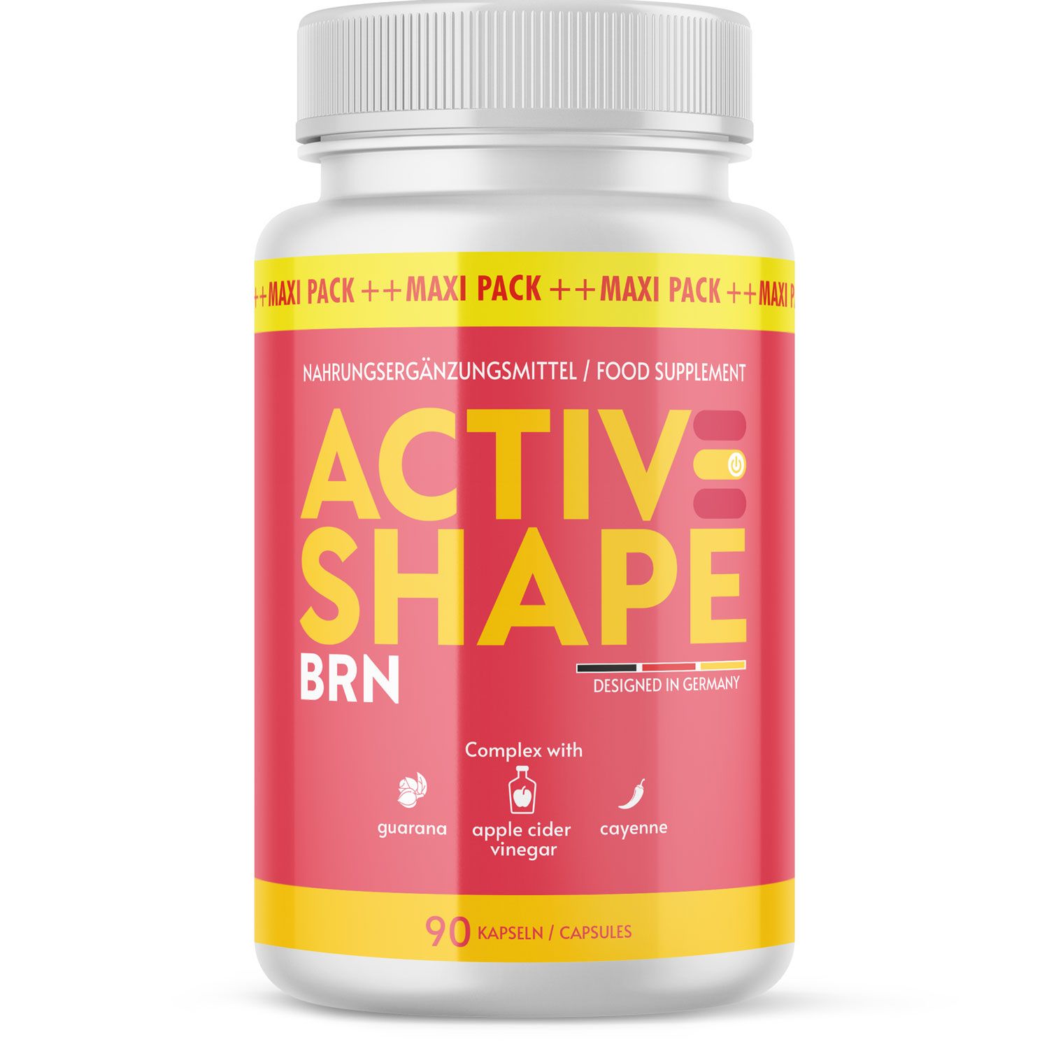 Rote Dose mit weißem Deckel. Aufschrift: ACTIVESHAPE BRN. Enthält 90 Kapseln. Mit Inhaltsstoffen wie Guarana, Apfelessig und Cayennepfeffer.