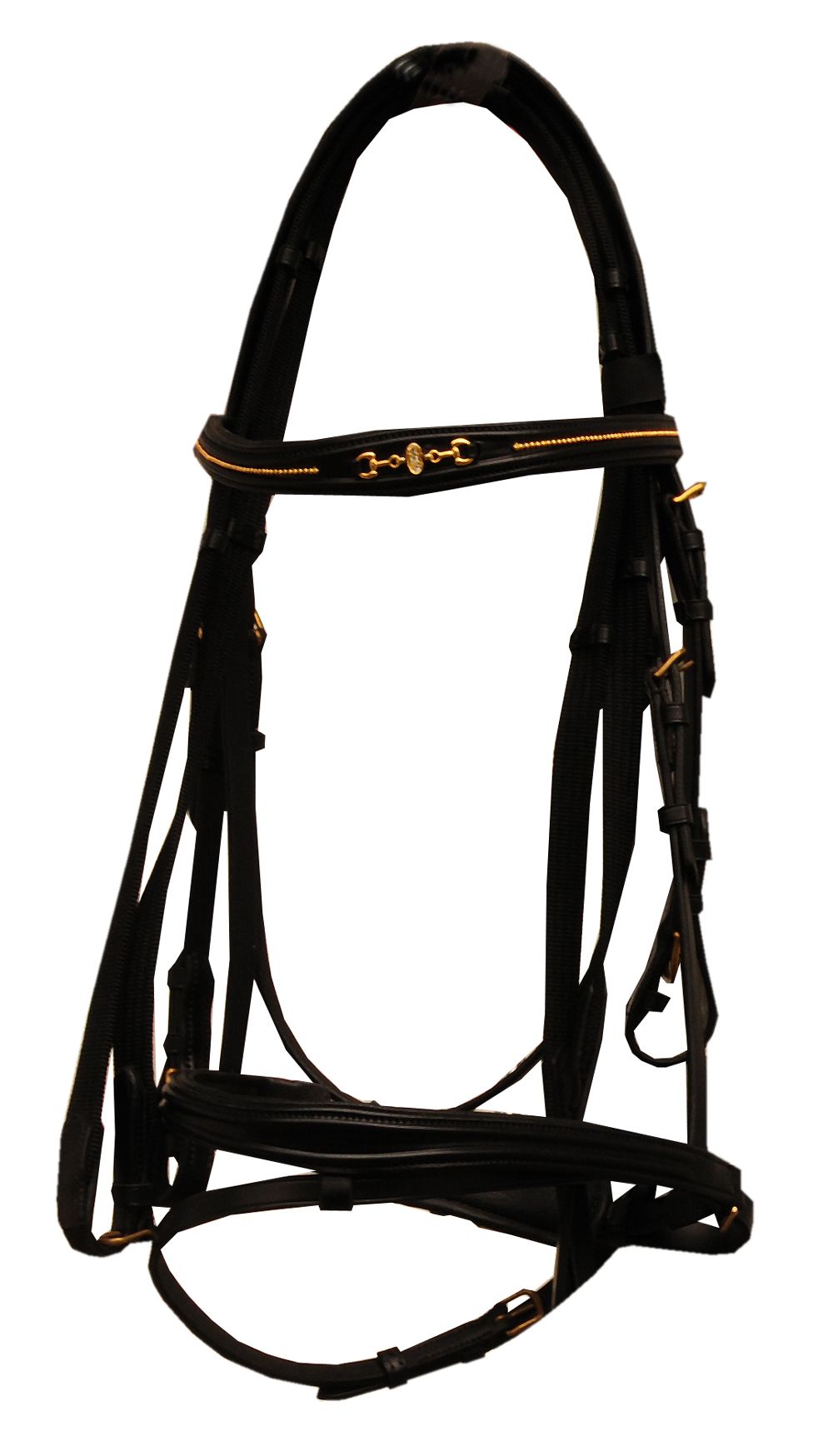 Schwarze Trense. Leder, goldfarbene Beschläge. Gebiss und Zügelbefestigungen sichtbar.