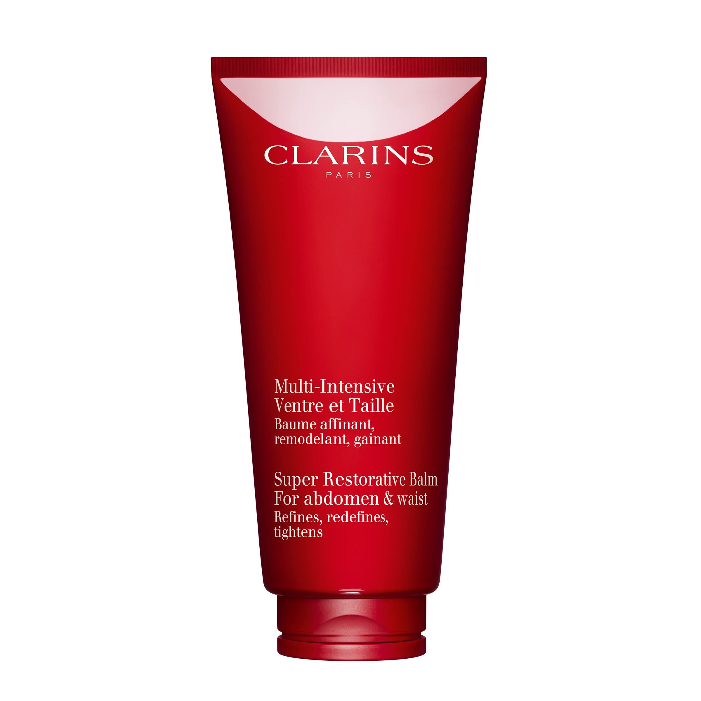 Rote Tube CLARINS MULTI INTENSIVE VENTRE&TAILLE. Weißer Hintergrund.