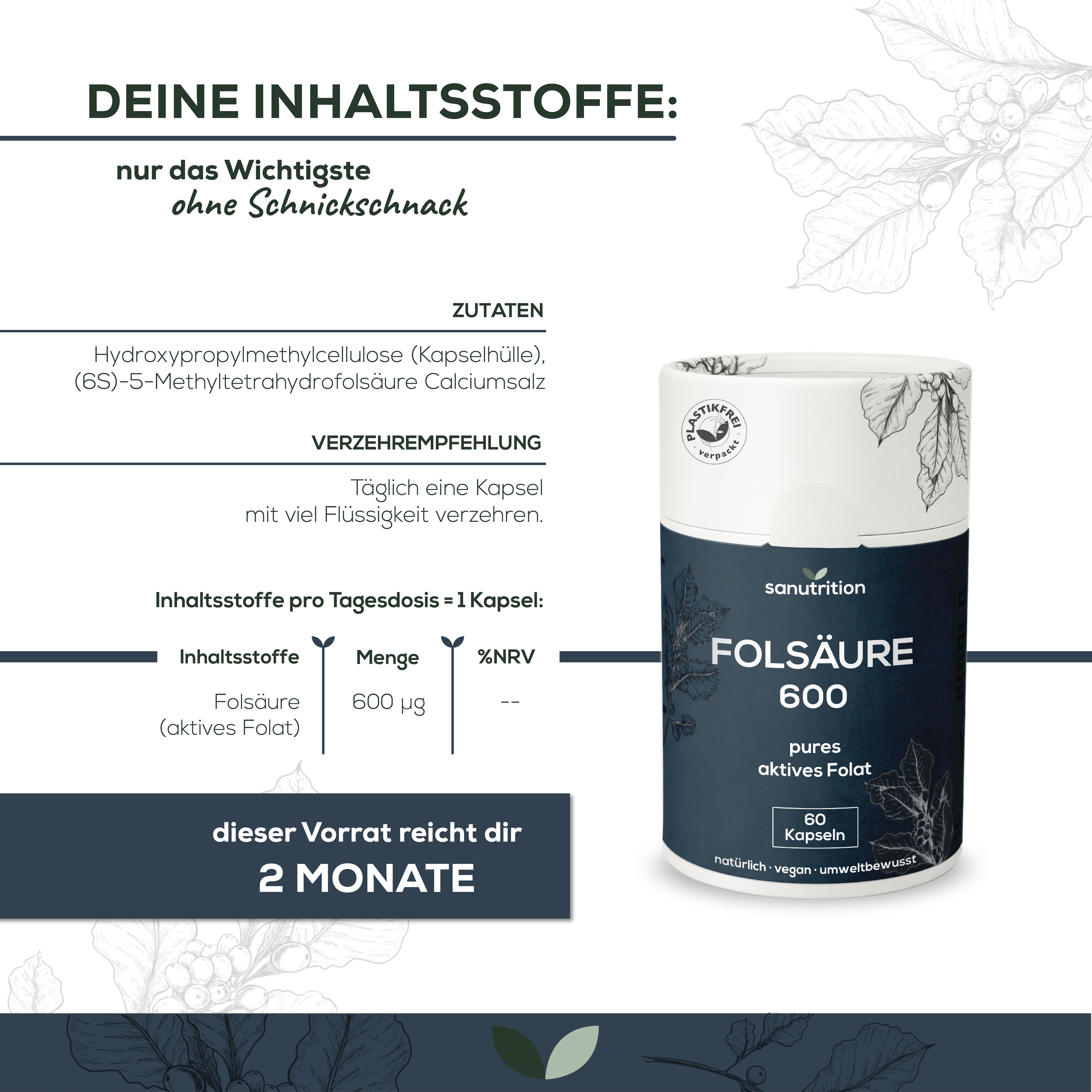 Produktabbildung und Inhaltsstoffangaben. Dose "Folsäure 600" neben Text. 600 µg Folsäure pro Kapsel.