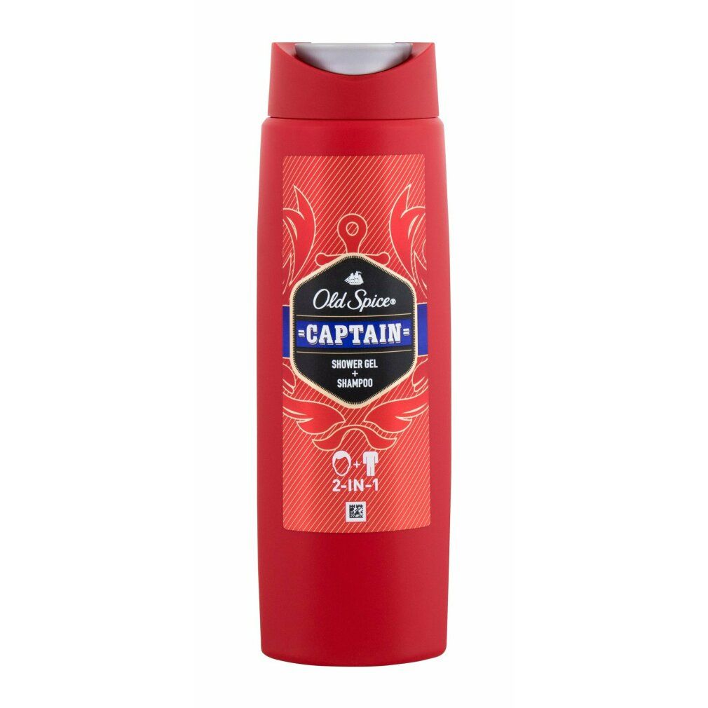 Rote Flasche mit Old Spice Captain Duschgel und Shampoo. 2-in-1-Produkt. Schwarzes Etikett mit weißer Schrift.