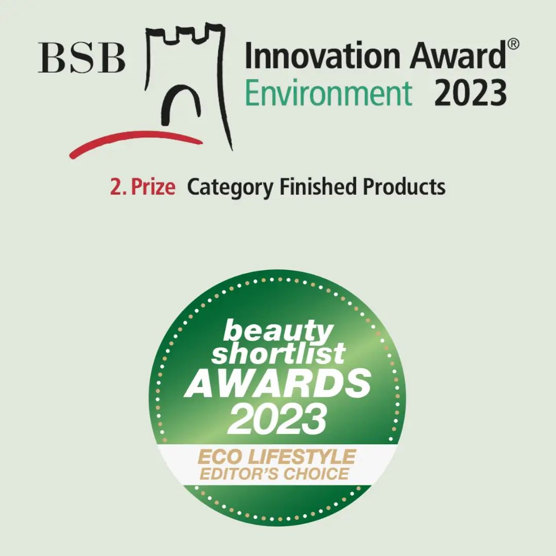 BSB Innovation Award 2023, 2. Preis, Kategorie Fertigprodukte. Beauty Shortlist Awards 2023, Eco Lifestyle.