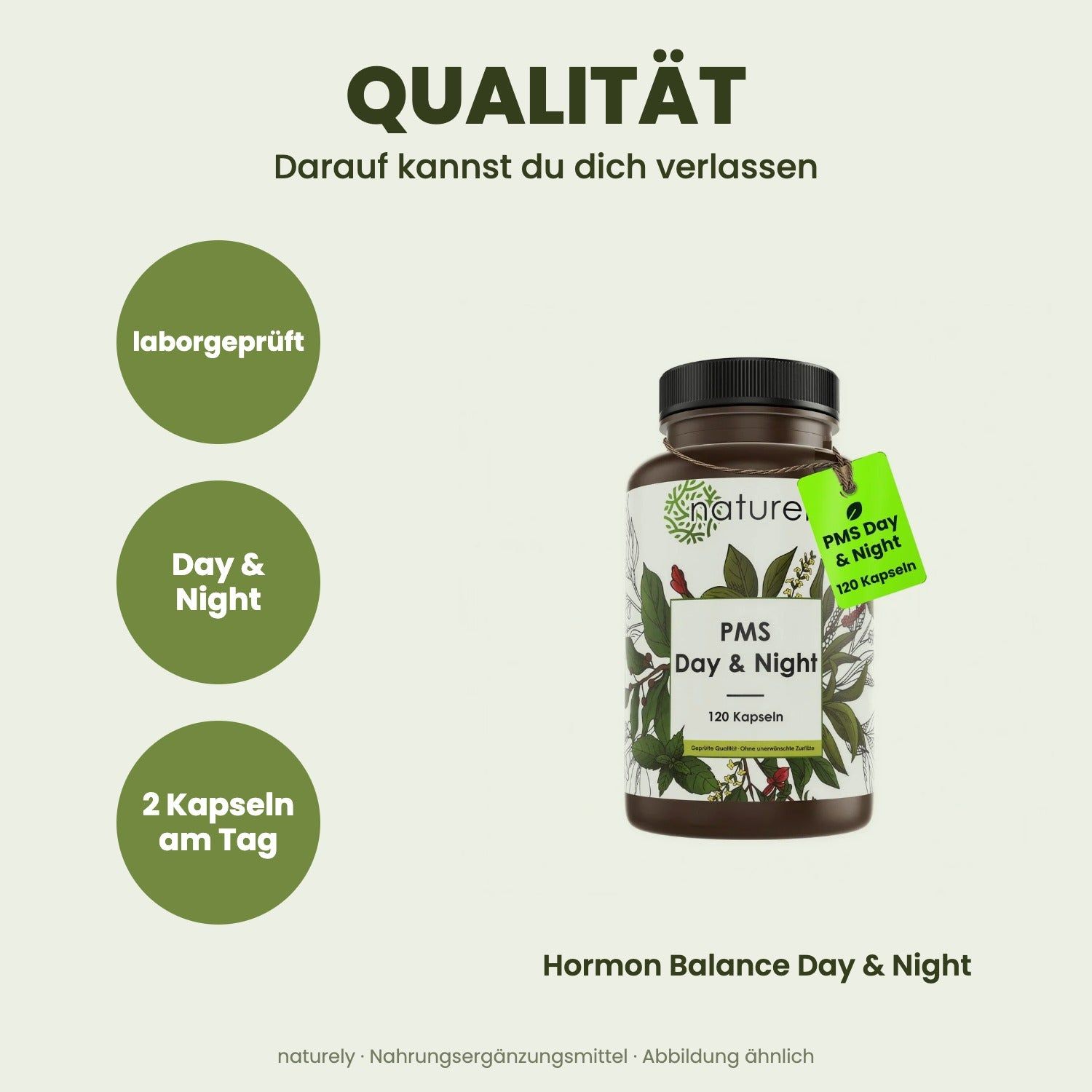 Flasche mit 120 Kapseln 'PMS Day & Night'. Beschriftung zeigt 'Laborgeprüft', 'Day & Night' und '2 Kapseln am Tag'.