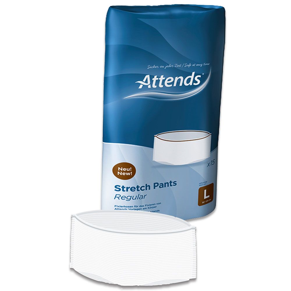 Attends Stretch Pants Regular Fixierhose, Größe L. Blaue Verpackung mit Produktabbildung. Einzelne weiße Fixierhose daneben.