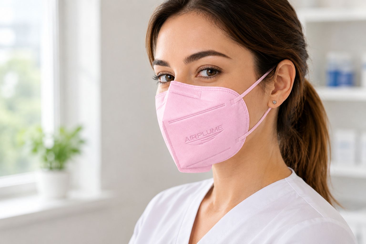 Eine rosafarbene FFP2-Maske mit dem Logo 'AIRPLUM' auf der Vorderseite, getragen von einer Frau.