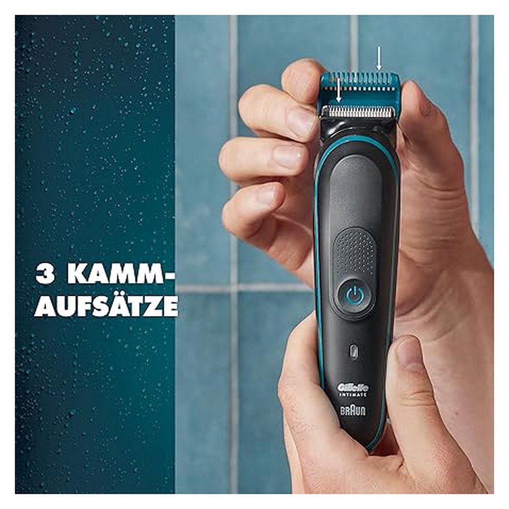 Hand hält Gillette Intimate Trimmer i5, zeigt Aufsteckkämme und die Aufschrift '3 KAMM-AUFSÄTZE'.