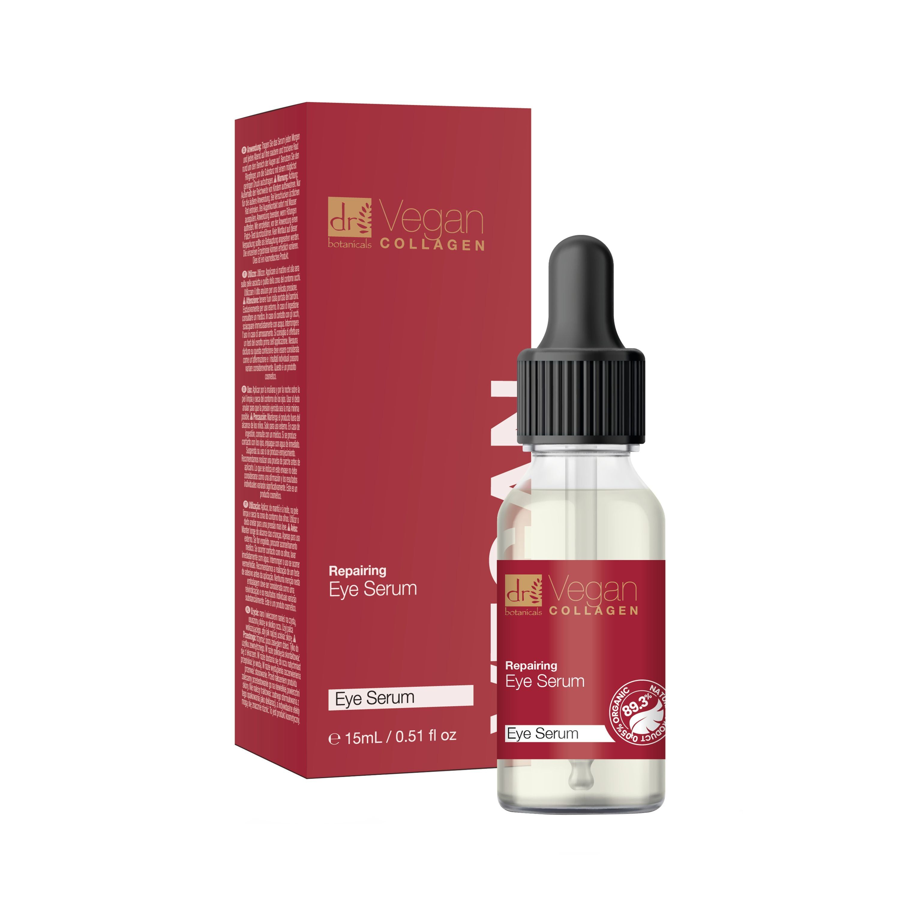 Produktverpackung mit Flasche und Karton. Flasche mit Tropfer, roter Aufkleber. Karton rot mit Text.