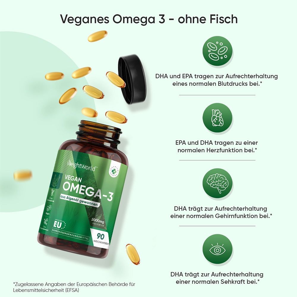 Kapseln neben geöffneter Flasche. Vegan Omega-3, ohne Fisch. DHA und EPA für Gesundheit. 90 Kapseln.