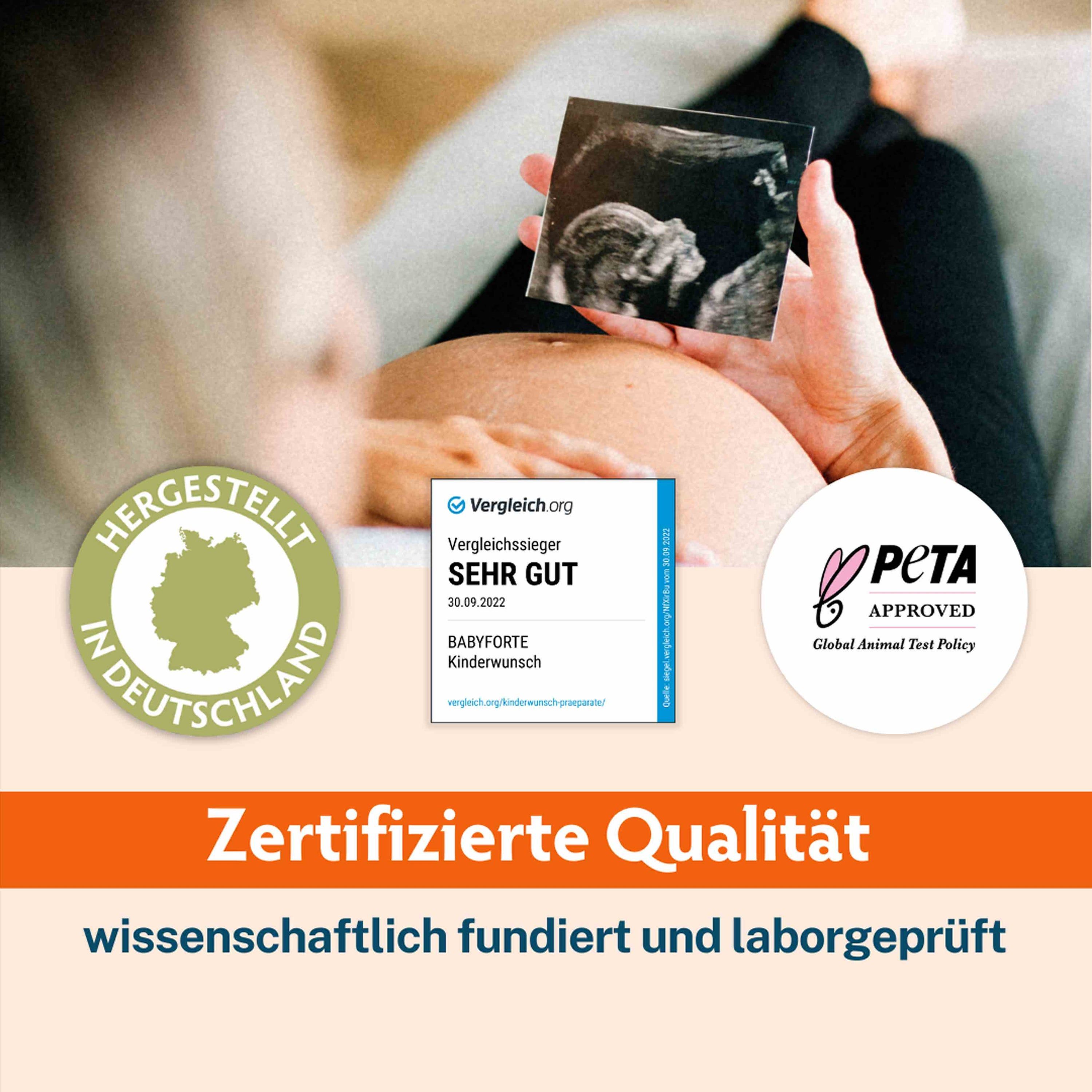 Schwangere Frau hält Ultraschallbild. Siegel: Hergestellt in Deutschland. Auszeichnung: Sehr Gut. PETA-Siegel. Zertifizierte Qualität.