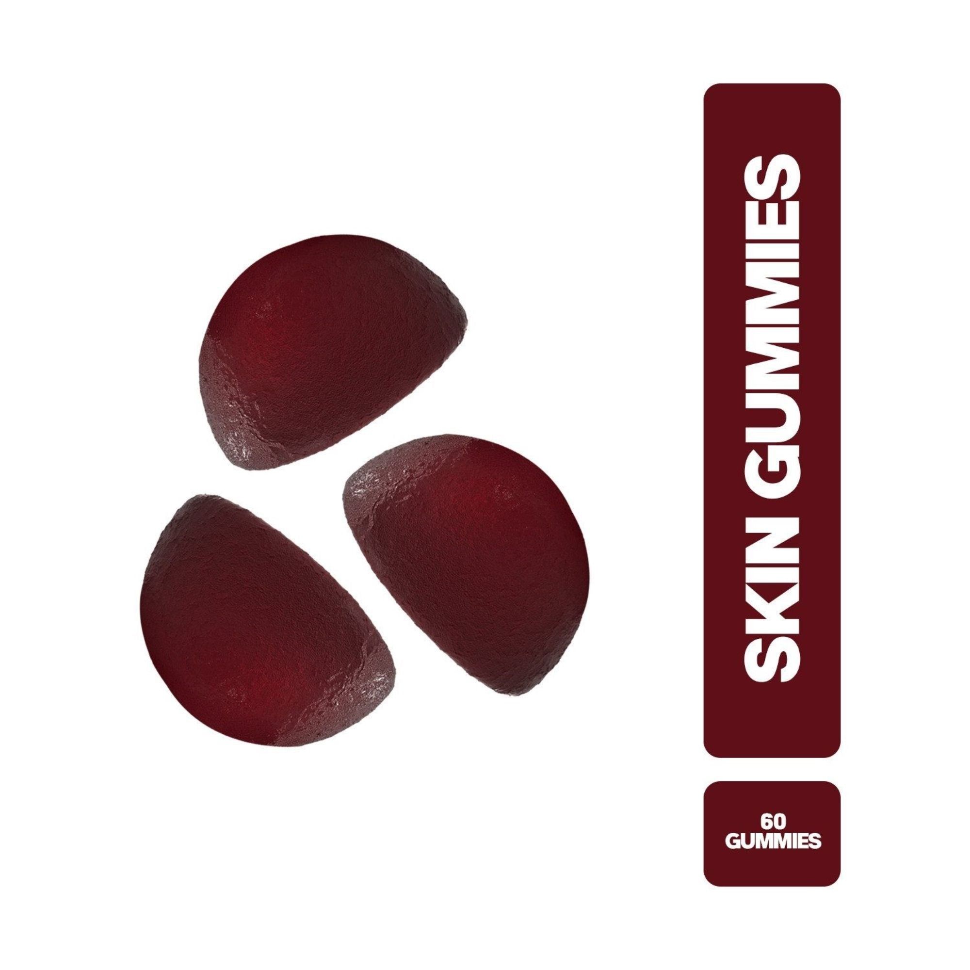 Drei dunkelrote Hautgummis, daneben ein vertikales Etikett mit "SKIN GUMMIES" und "60 GUMMIES".