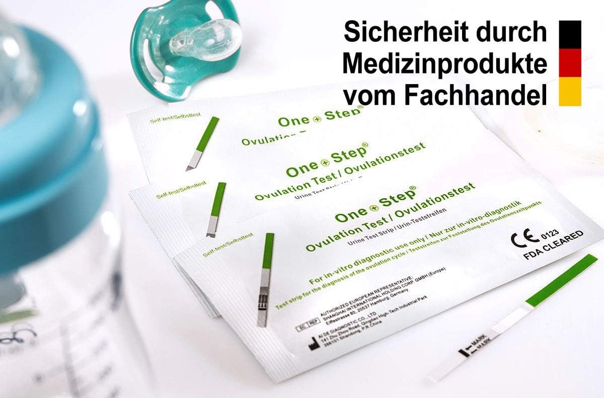Mehrere Ovulationstest-Verpackungen und Streifen. Text: Sicherheit durch Medizinprodukte vom Fachhandel. Babyartikel im Hintergrund.