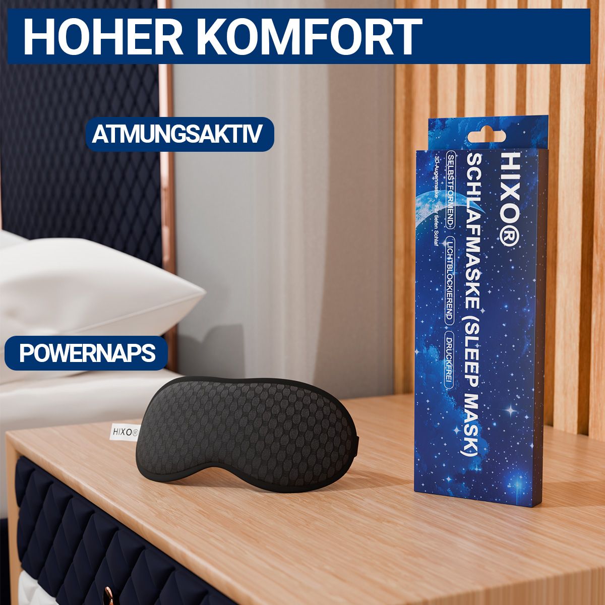 Schlafmaske, schwarz, neben Verpackung. Text: Hoher Komfort, atmungsaktiv, Powernaps. Verpackung mit Produktname und Marke HIXO.