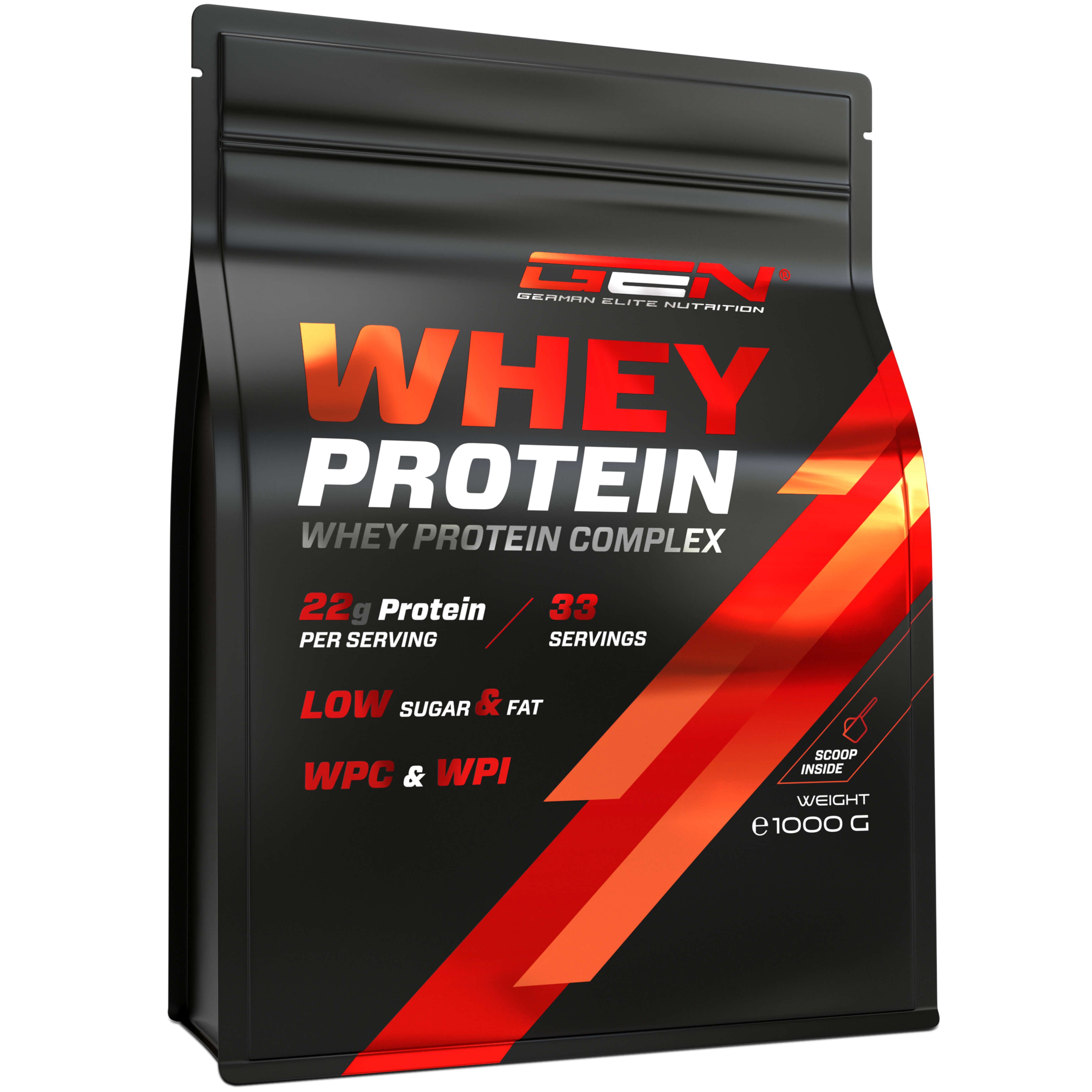 Schwarzer Beutel mit roter und oranger Grafik. Enthält Whey Protein Komplex. Angaben zu Protein, Portionen und Gewicht.