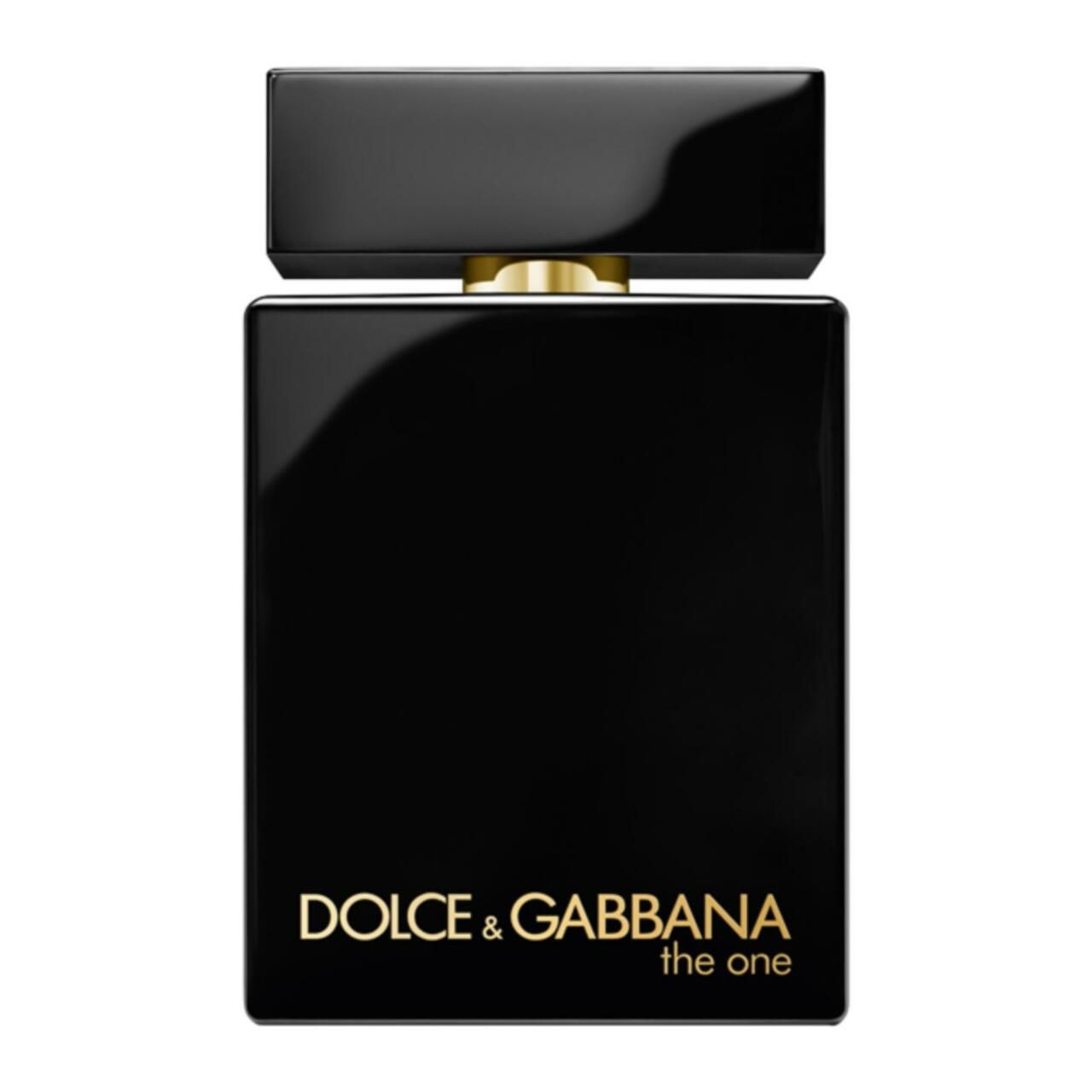 Schwarzer Flakon. Goldfarbener Schriftzug: Dolce & Gabbana The One. Für Männer. Eau de Parfum Intense.