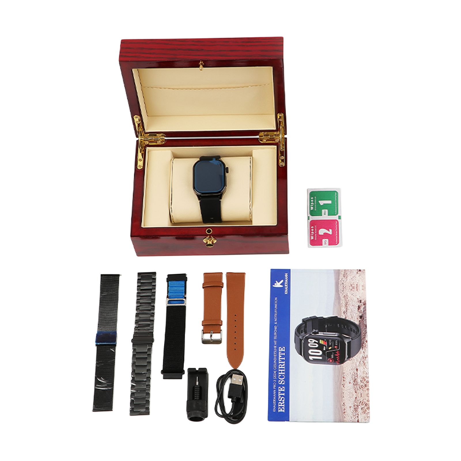 Gesundheitsuhr in Holzbox mit Zubehör: Armbänder, Ladegerät, Schutzfolien und Anleitung.
