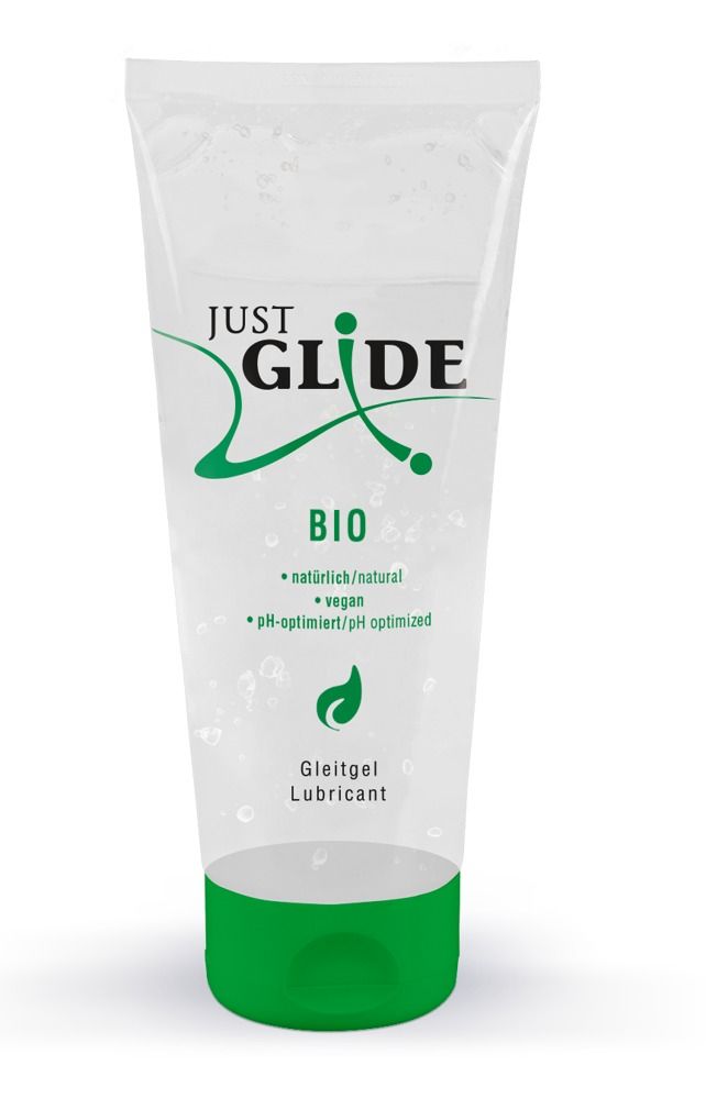 Tube mit transparentem Gel und grünem Verschluss. Aufschrift: Just Glide Bio, Medizin. Gleitgel.