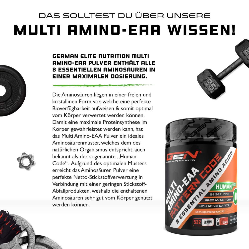 Text mit Informationen über Multi Amino-EAA. Dose des Produkts im Hintergrund. Text beschreibt Vorteile und Zusammensetzung.