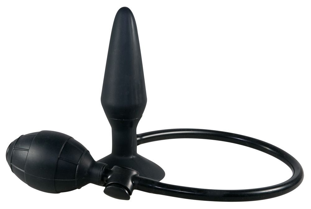 Schwarzer, konischer Analplug mit Basis und Schlauch. Inklusive Pumpe und Ring. Aus Gummi.
