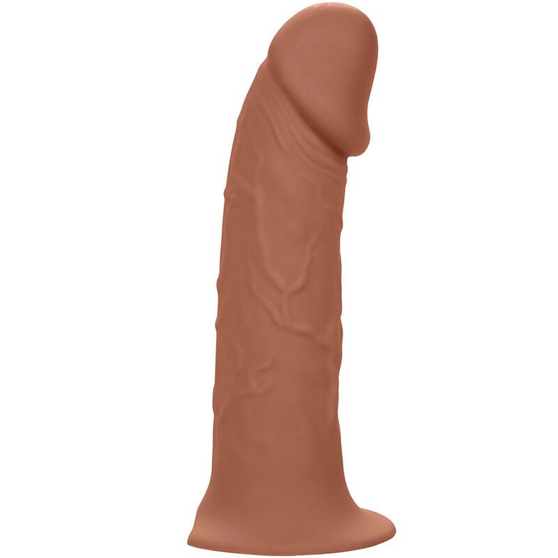 Brauner Dildo aus Silikon. Realistische Textur. Auf weißem Hintergrund.