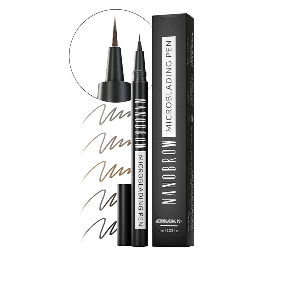 Stift, Verpackung und Farbmuster. Aufschrift: Nanobrow Microblading Pen. Verschiedene Brauntöne.