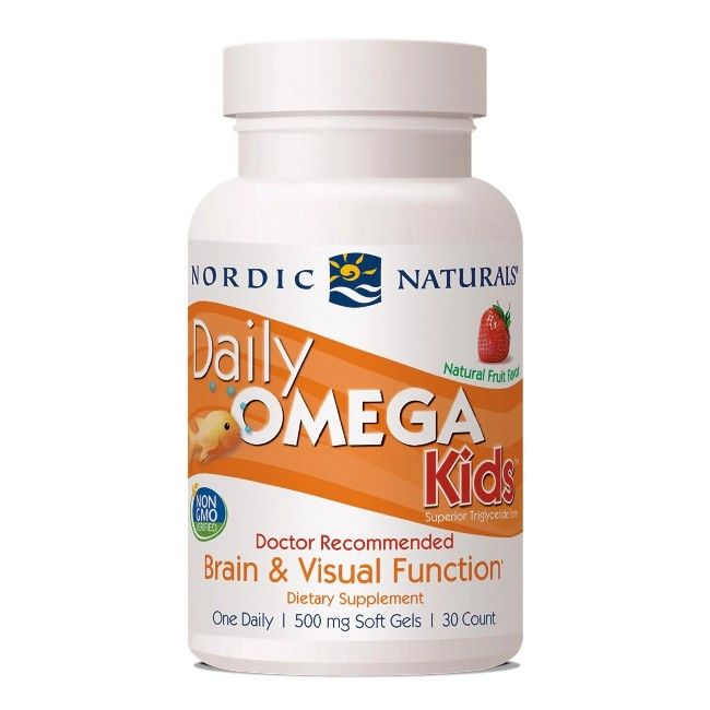 Flasche Nordic Naturals Daily Omega Kids mit Erdbeergeschmack, 30 Weichkapseln.