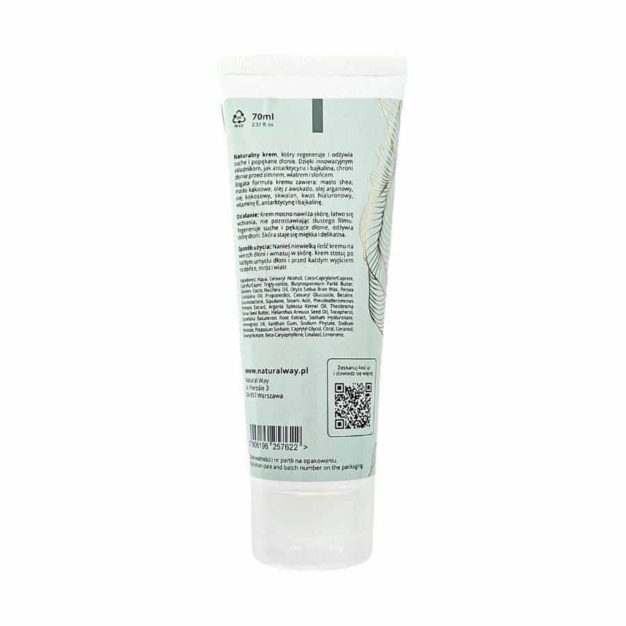 Creme-Tube mit Text. Aufschrift: Natural Way. Rückseite mit Inhaltsangaben und QR-Code. Weißer Deckel.