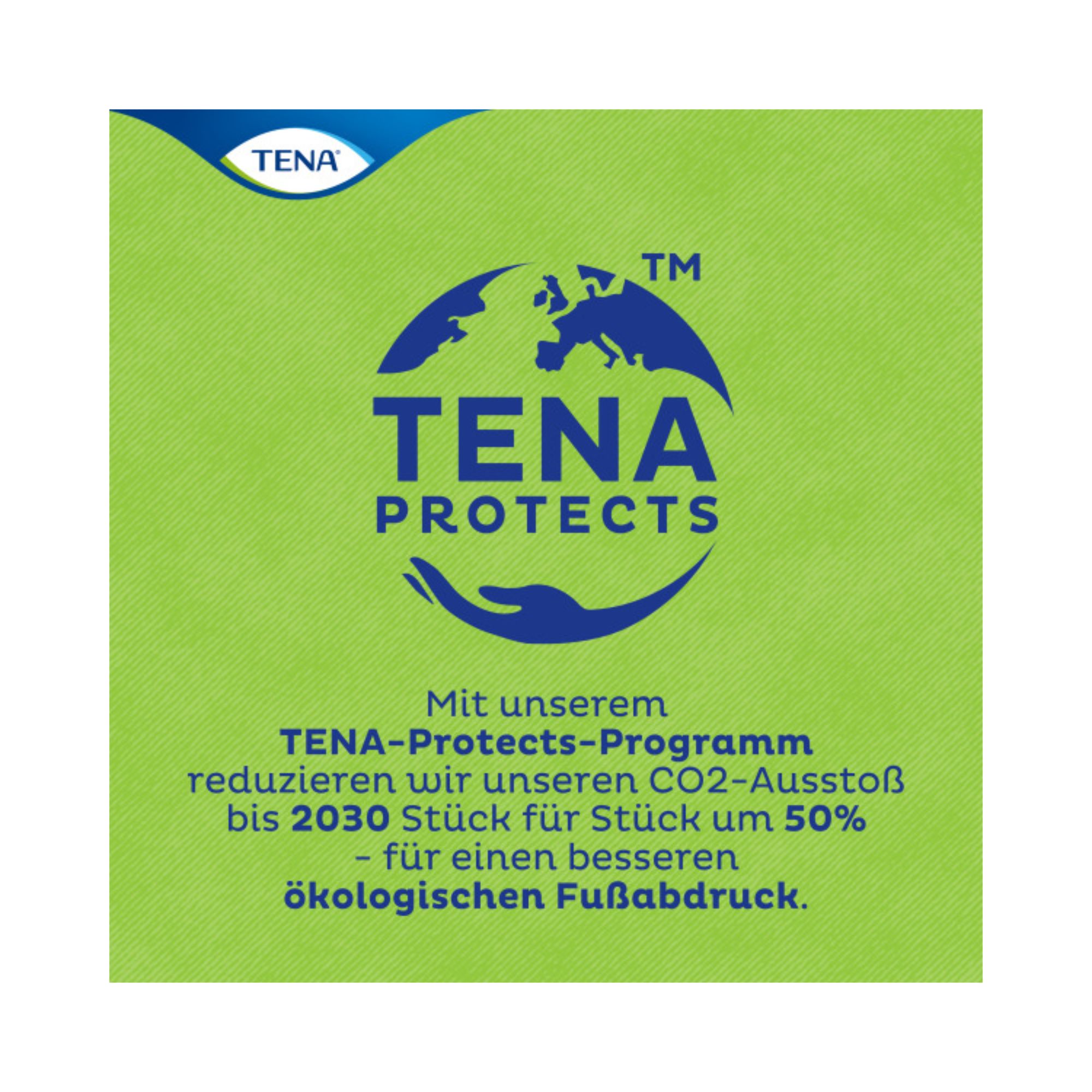 Grüner Hintergrund mit TENA-Logo und Text. Text: TENA PROTECTS. Text über CO2-Reduzierung.