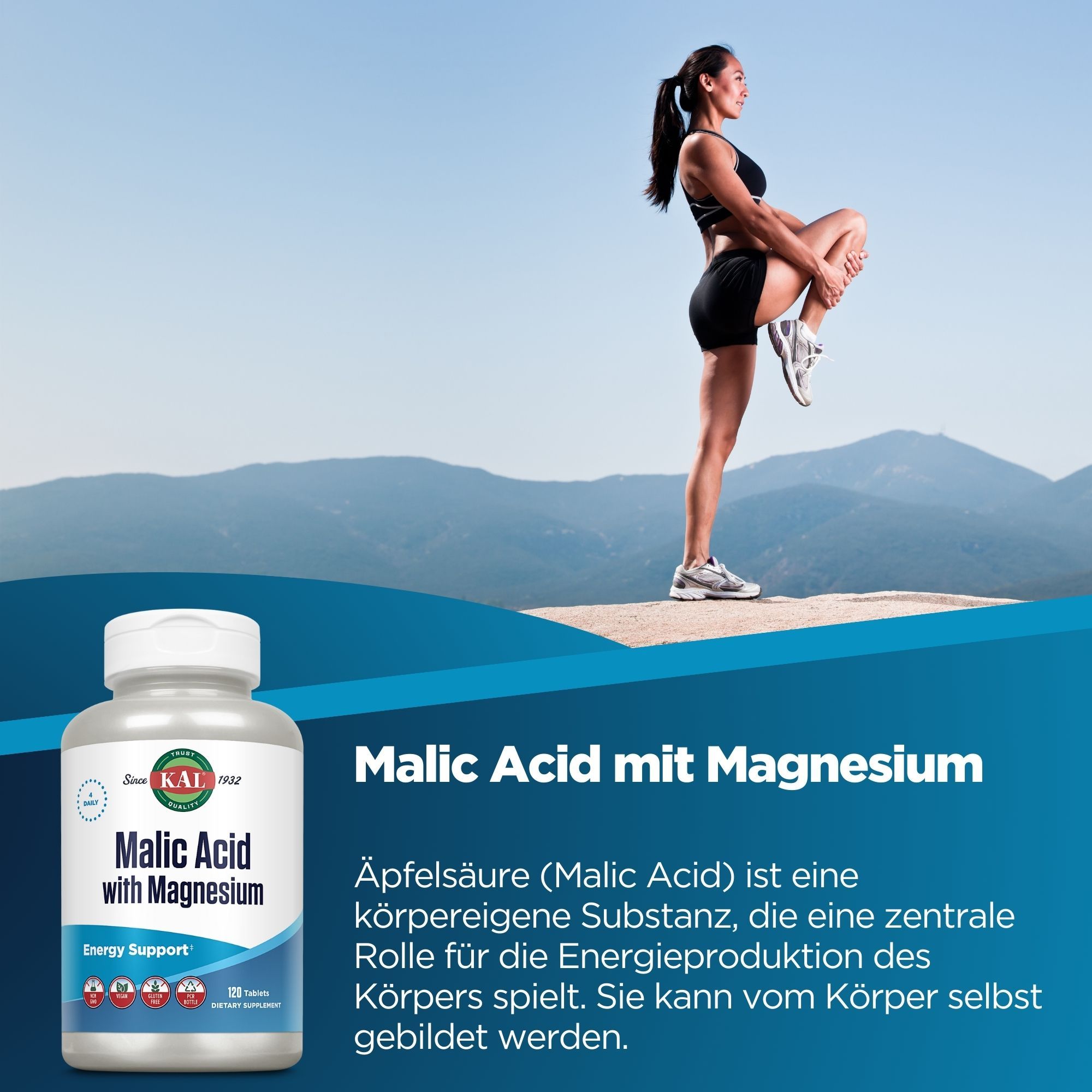 Eine Flasche KAL Malic Acid mit Magnesium. Aufschrift: Malic Acid with Magnesium, Energy Support. Frau beim Training im Hintergrund.