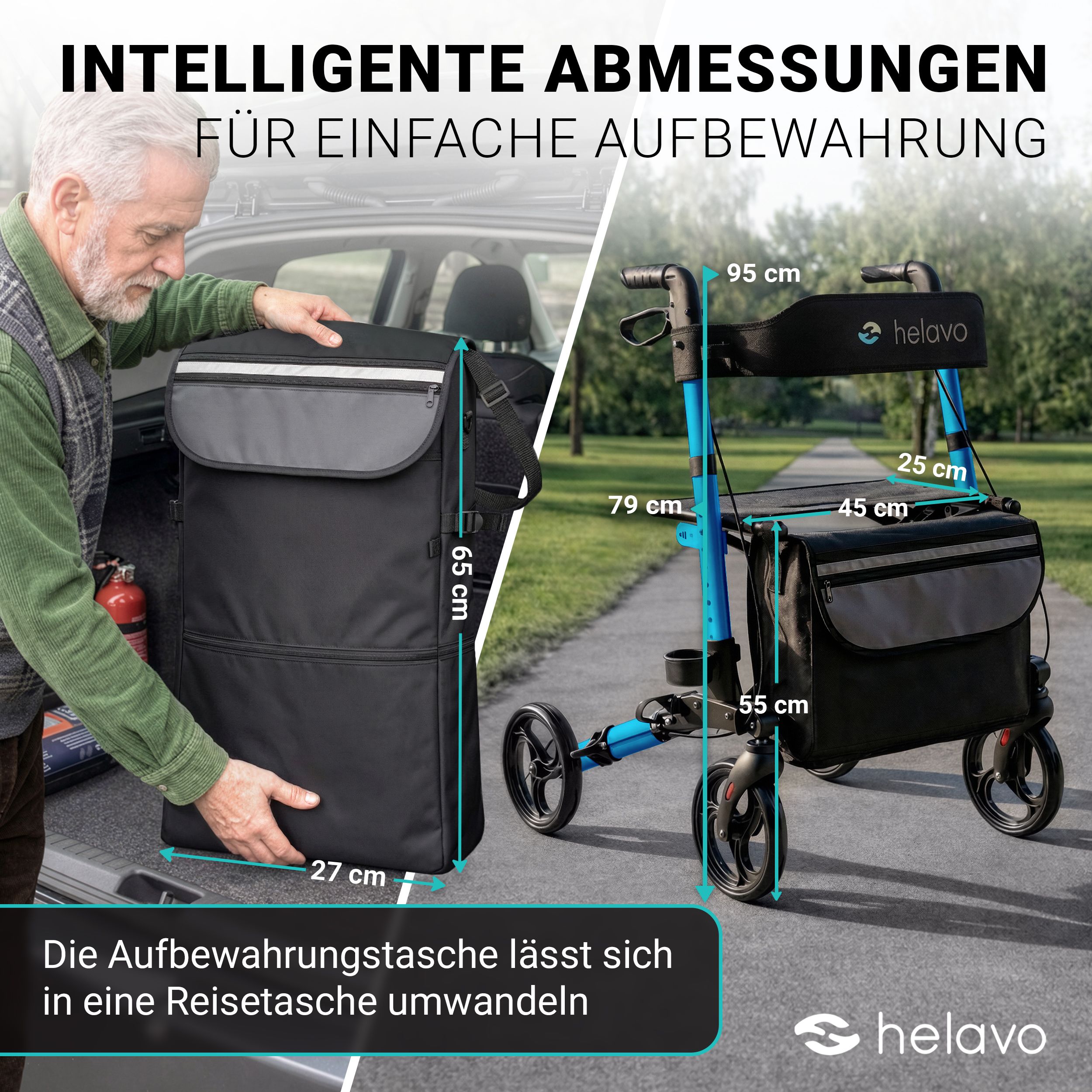 Aufbewahrungstasche eines Rollators, umwandelbar in eine Reisetasche, Maße 65x27 cm.