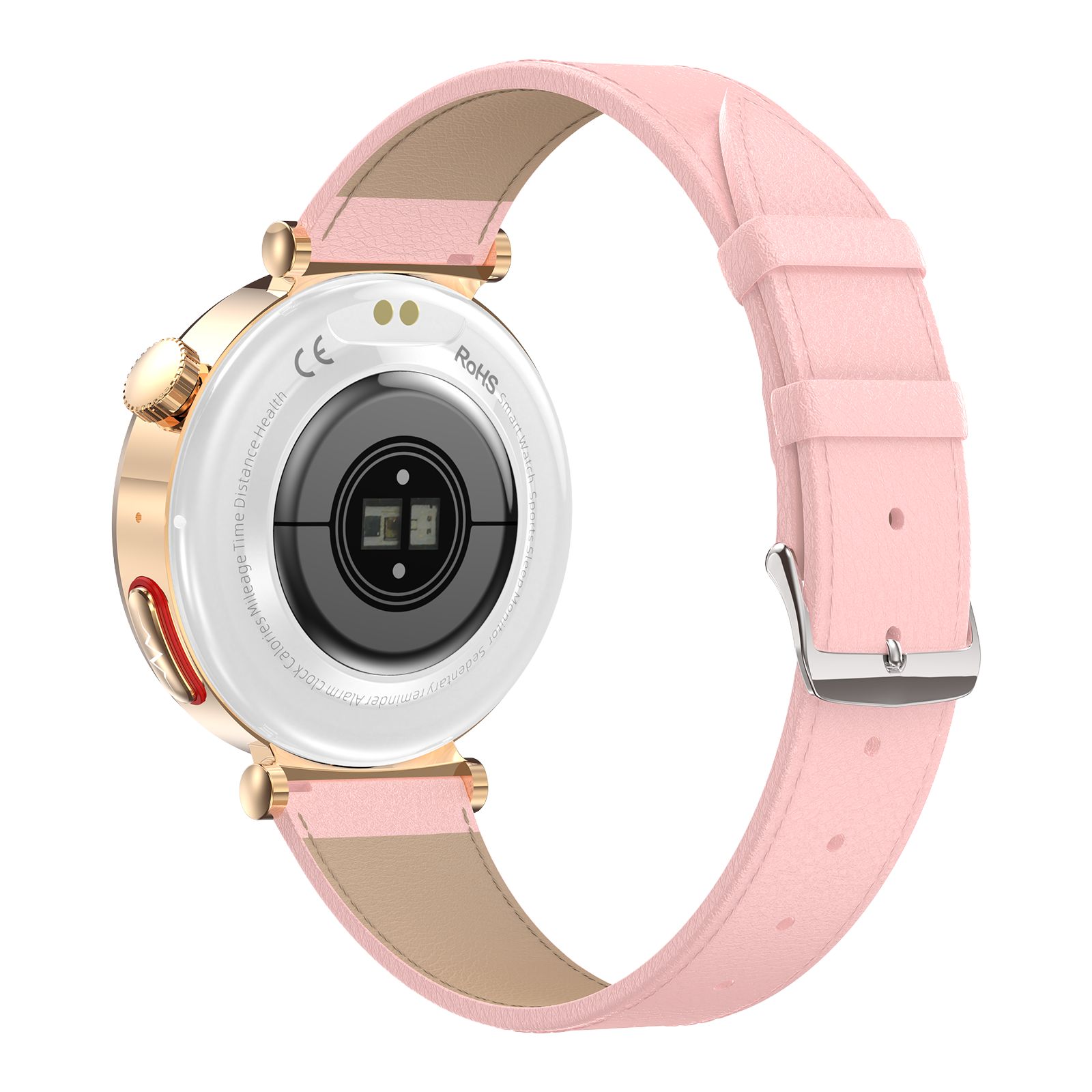 Rückseite einer Smartwatch mit rosa Lederarmband. Weißes Gehäuse mit Sensoren und CE-Kennzeichnung. Goldfarbene Details.