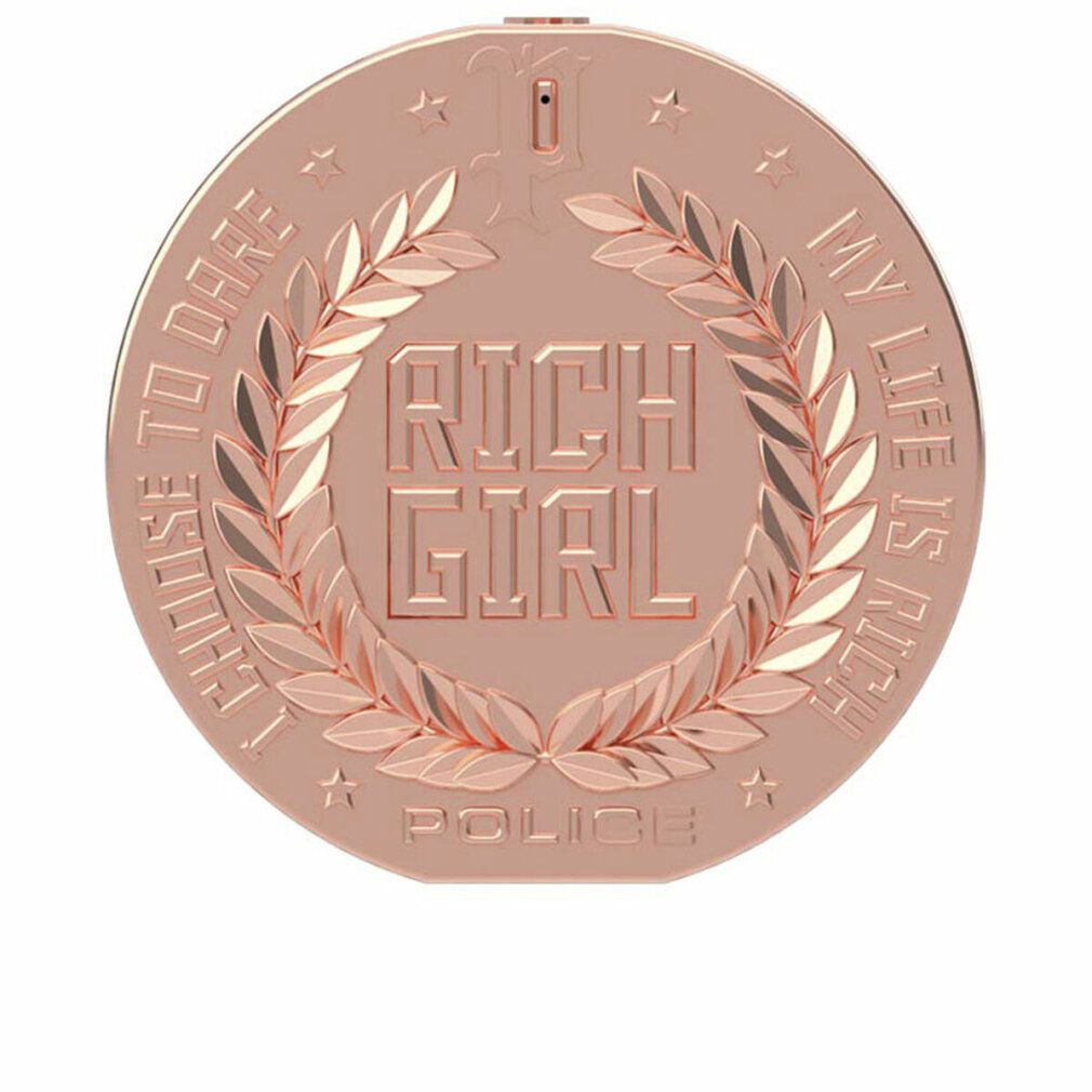 Roségoldfarbener, runder Behälter. Aufschrift: RICH GIRL, POLICE. Lorbeerkranz und Text umranden das Logo. Sterne.