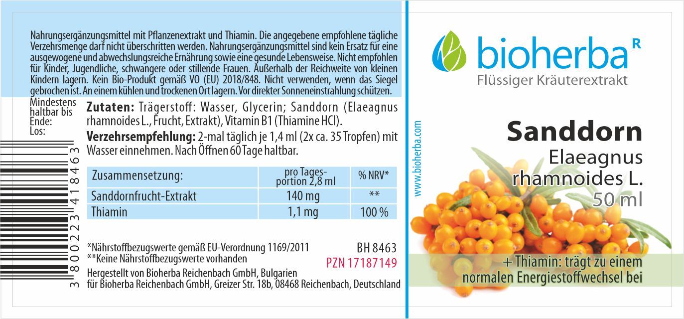 Etikett mit Produktinformationen und Nährwertangaben. Marke und Produktname. Sanddorn-Abbildung.