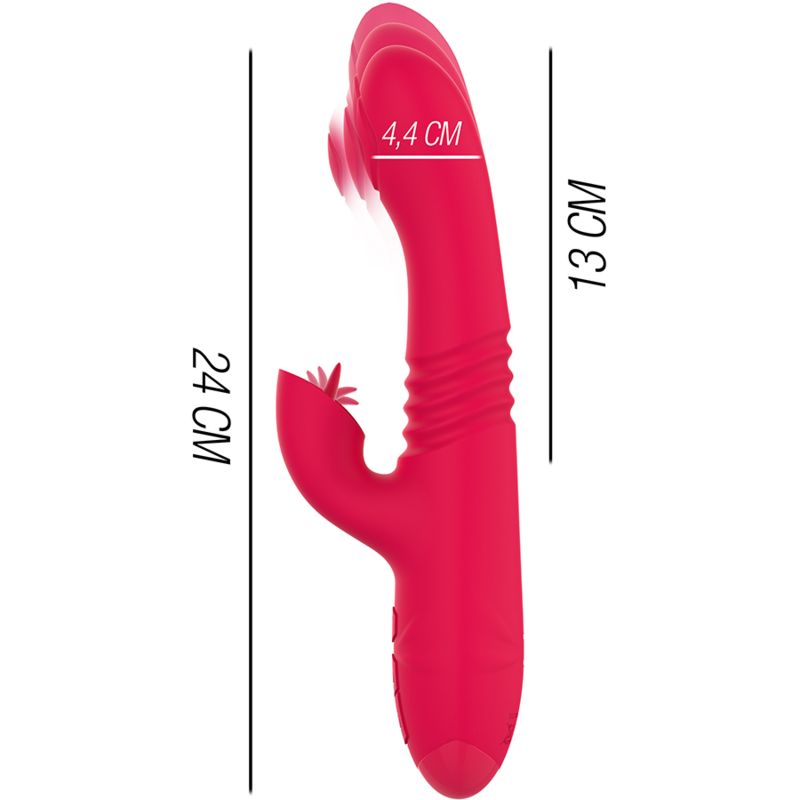 Roter Vibrator mit Maßangaben: Gesamtlänge 24 cm, Breite 4,4 cm, Länge des flexiblen Kopfs 13 cm.