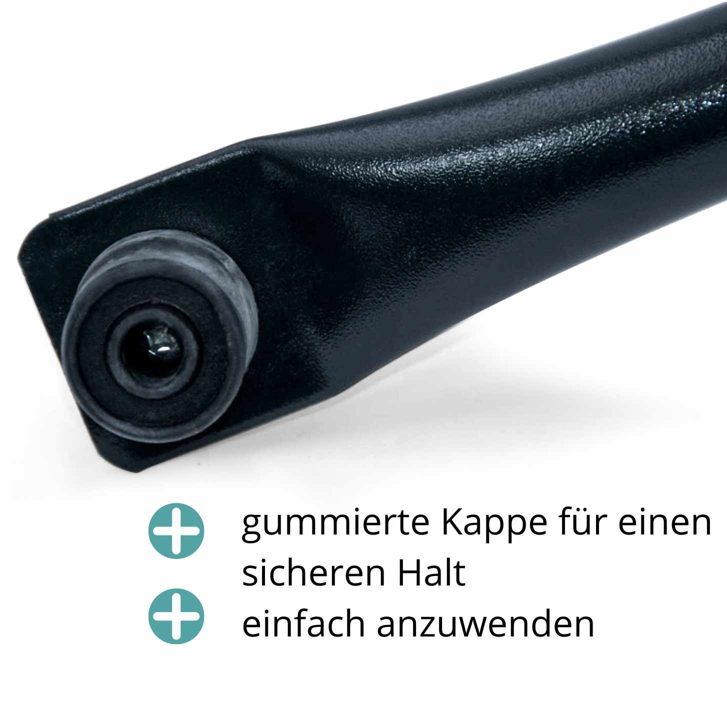Nahaufnahme eines schwarzen Hufbockfußes mit gummierter Kappe. Text: gummierte Kappe für sicheren Halt, einfach anzuwenden.