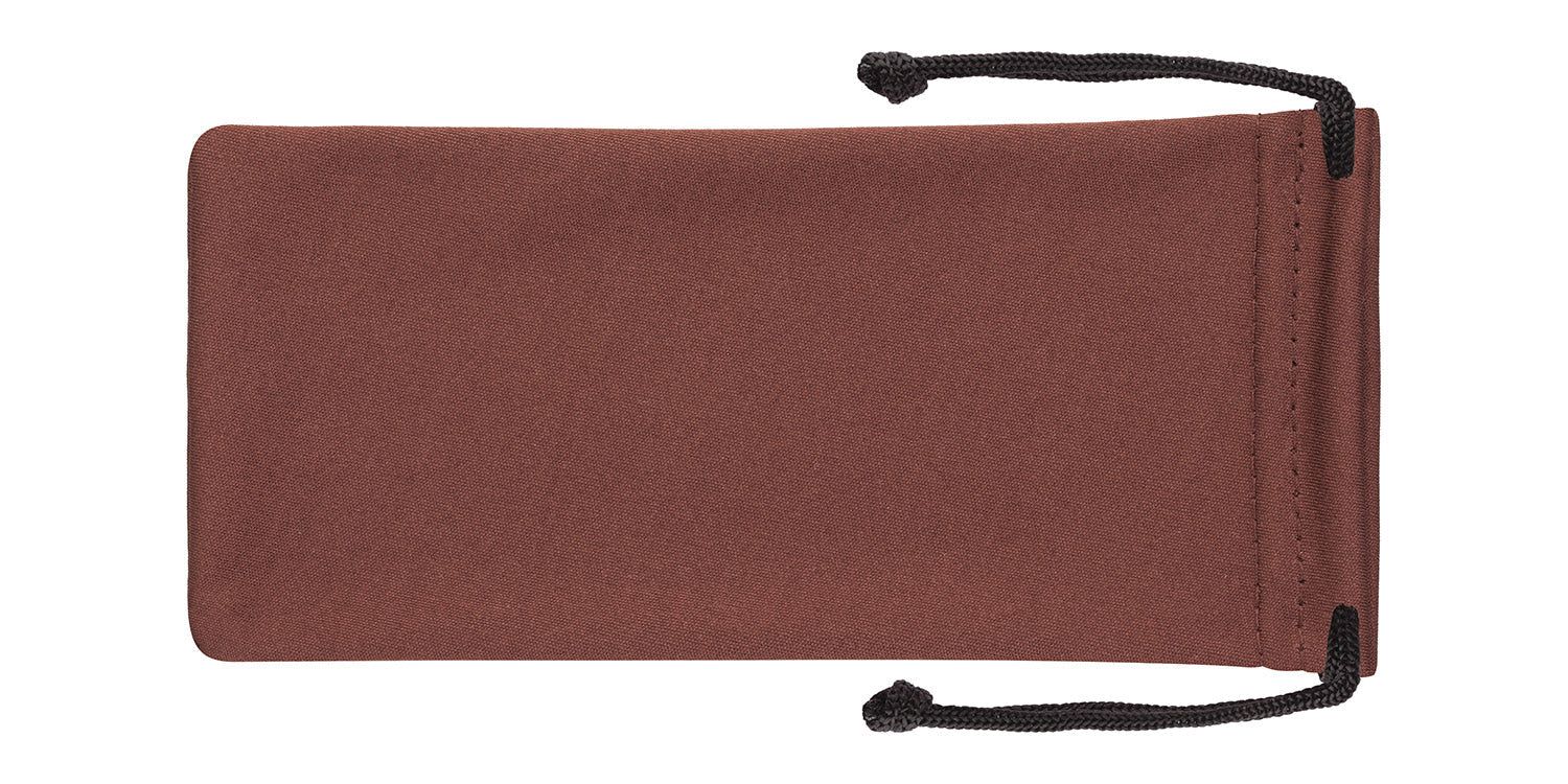 Brauner Mikrofaser-Beutel mit schwarzem Kordelzug. Rechteckige Form.