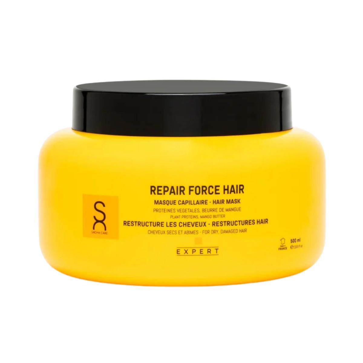 Gelber Tiegel mit schwarzem Deckel. Aufschrift: Repair Force Hair, Masque Capillaire, Restructure les cheveux. Expert-Logo. 500 ml.