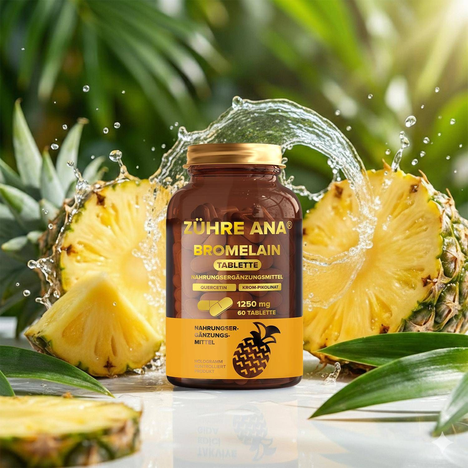 Flasche Zühre Ana Bromelain Tabletten mit Ananas und Wasserspritzern, die Frische vermitteln.