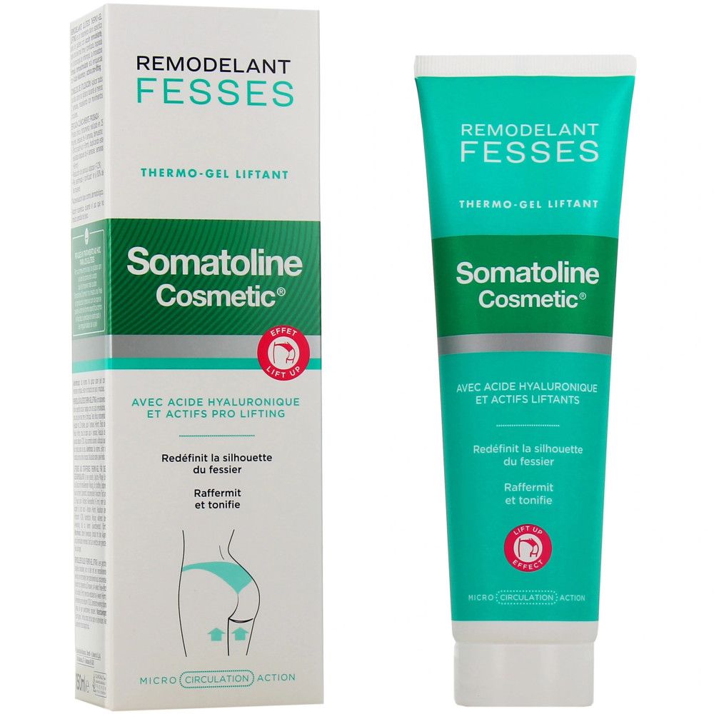 Somatoline Cosmetic Thermo-Gel Lifting für Gesäß, mit Verpackung. Türkisfarbene Tube und Karton.