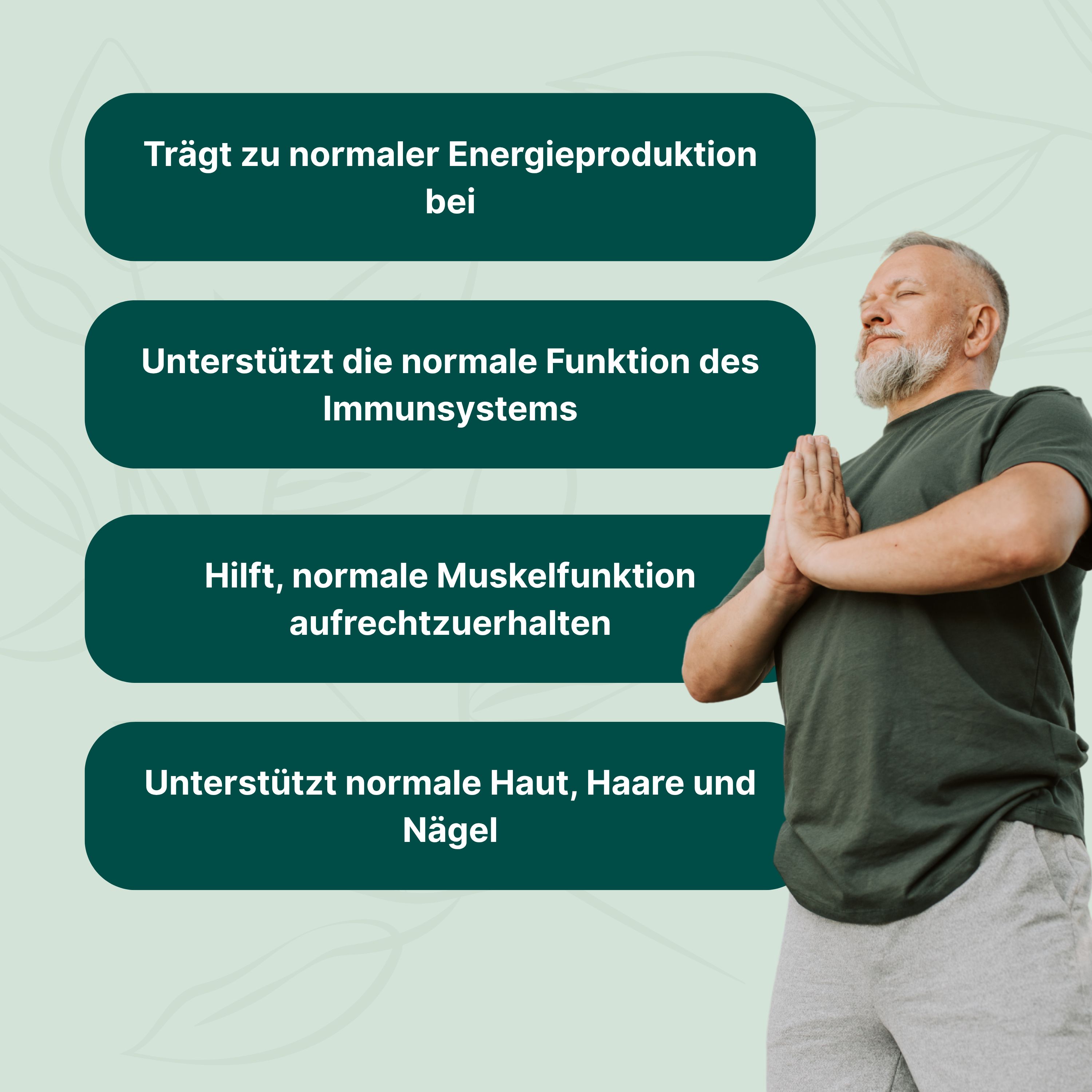 Mann in Yoga-Pose vor Infografik. Texte: Energieproduktion, Immunsystem, Muskelfunktion, Haut/Haare/Nägel.