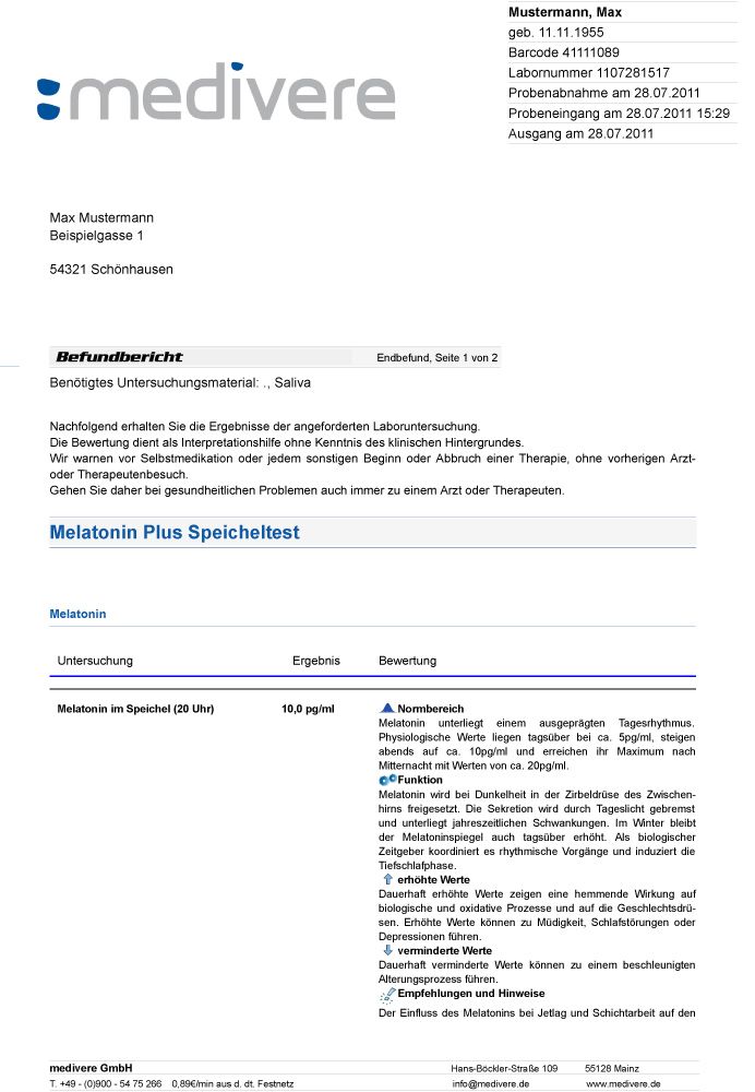 Bericht von medivere. Enthält Informationen über den Melatonin Plus Speicheltest. Ergebnisse, Bewertung und Hinweise sind aufgeführt.