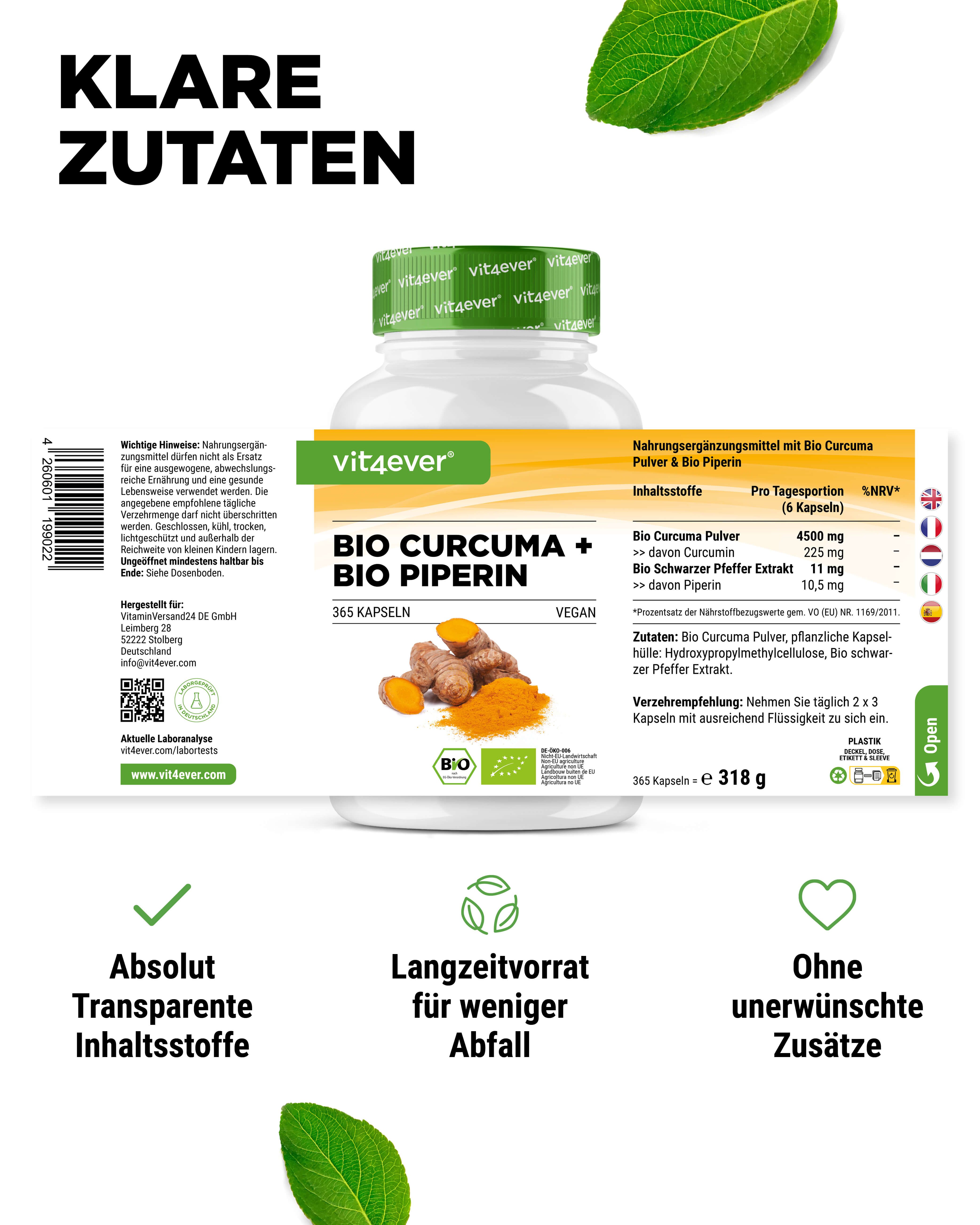 Flasche mit Bio Curcuma + Bio Piperin. Text: Klare Zutaten. Absolut transparente Inhaltsstoffe. 365 Kapseln.