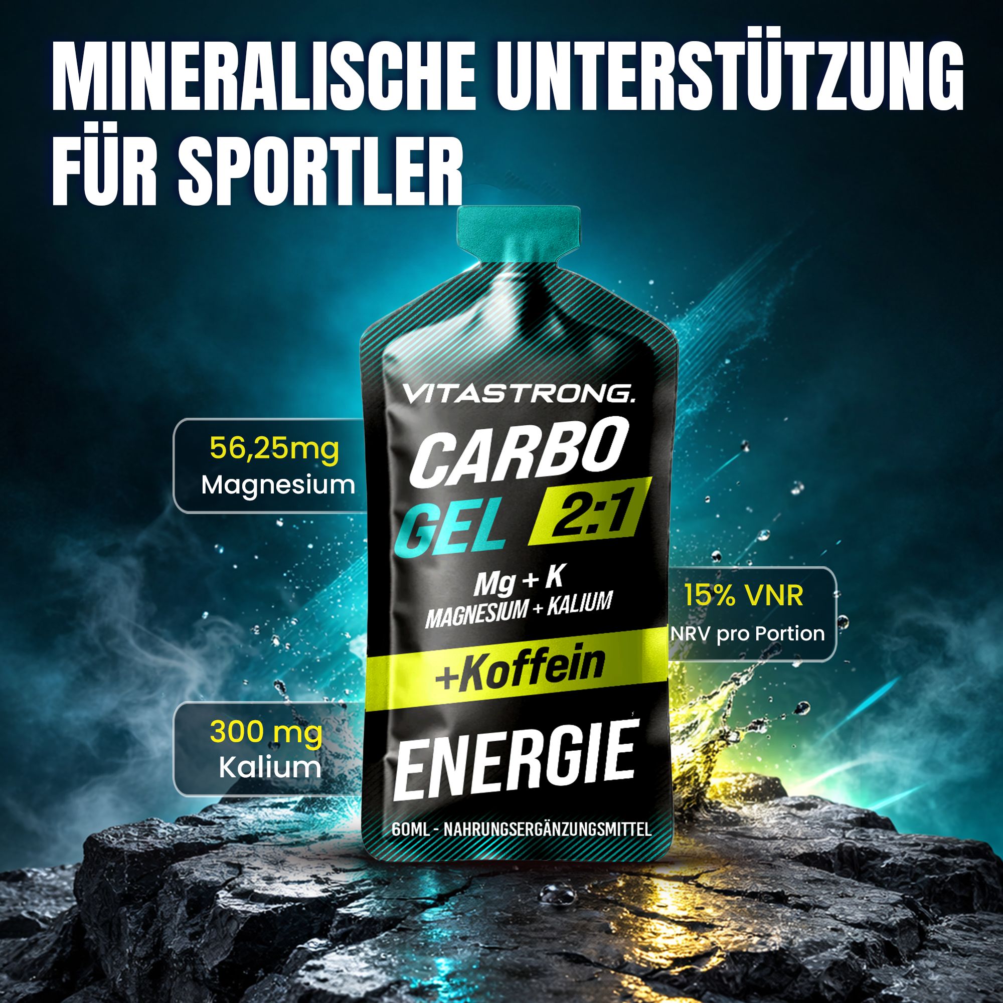 Vitastrong Carbo Gel 2:1 + Koffein. Gel-Packung. Text: Carbo Gel 2:1, Mg + K, Magnesium + Kalium + Koffein, Energie. Mineralische Unterstützung.