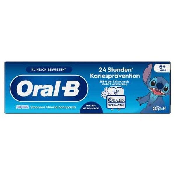 Oral-B Junior 6+ Jahre, Stitch Zahnpasta, milder Geschmack, entwickelt mit ZahnärztInnen, mit Stann